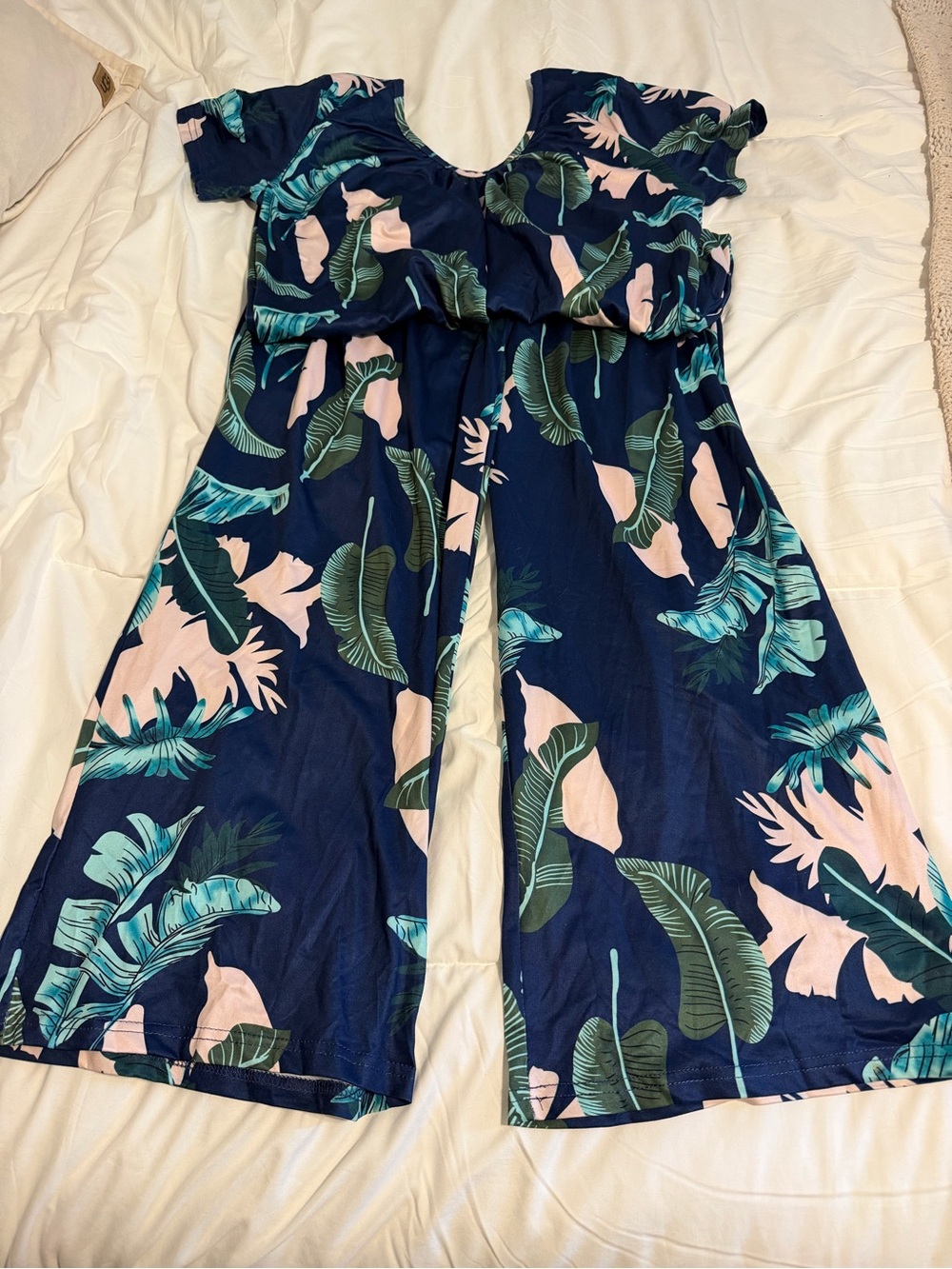 Amazon Navy Tropical-Print Wide Leg Jumpsuit with Pink & Teal Leaves